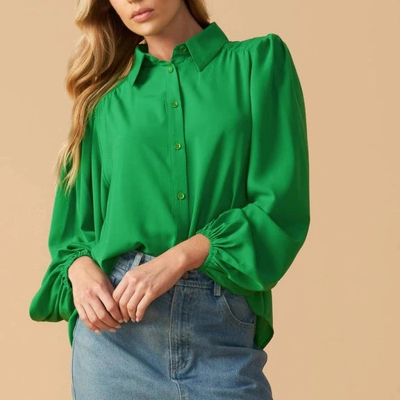 Balloon Sleeve Buttondown Blouse in Green