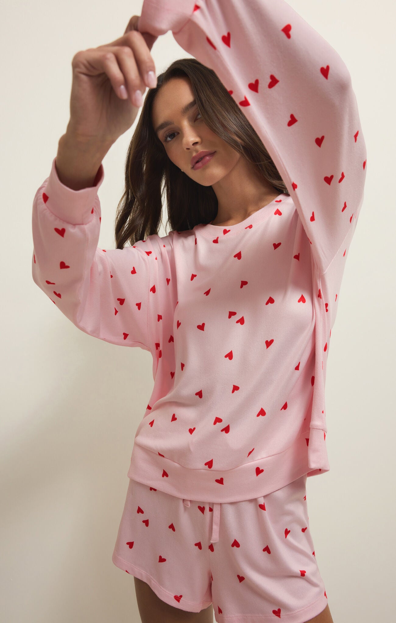 Z Supply Mira Hearts Long Sleeve Pajama Top in Pink