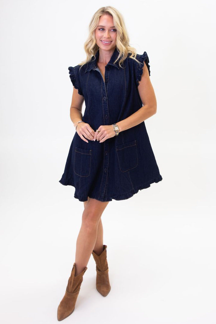 Karlie Denim Ruffle Button Front Pocket Dress
