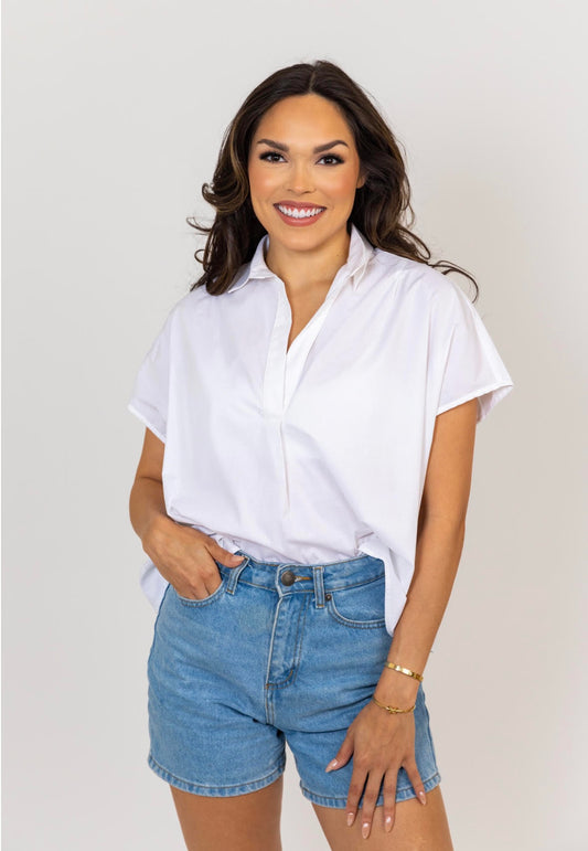 Karlie V-Neck Top in White Poplin