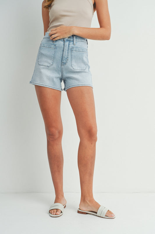 Just Black Dneim Patch Pocket Shorts in Light Denim