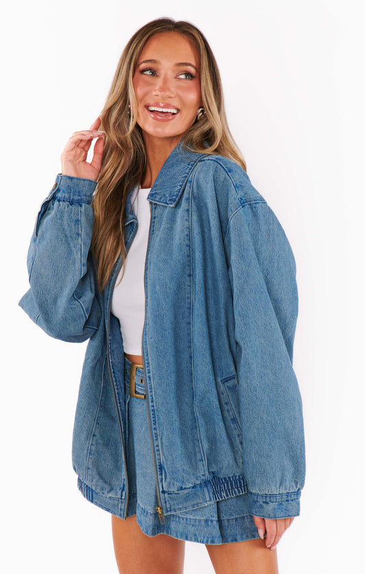 Show Me Your Mumu Carter Bomber Jacket in Ozone Indigo