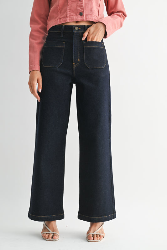Just Black Denim Patch Pocket Wide Leg in Super Dark Wash