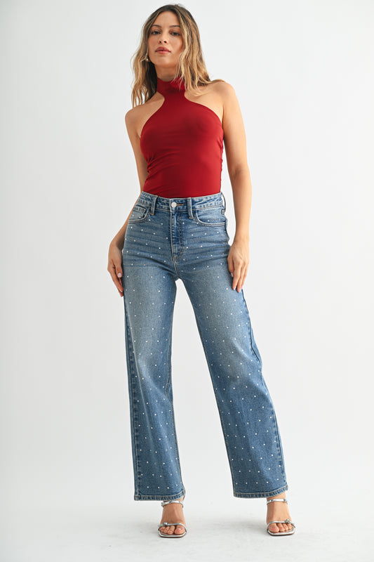 Just Black Denim High Rise Vintage Straight in Rhinestone Mid Wash