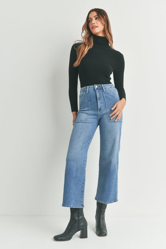 Just Black Denim Cargo Pocket Wide Leg in Medium Wash