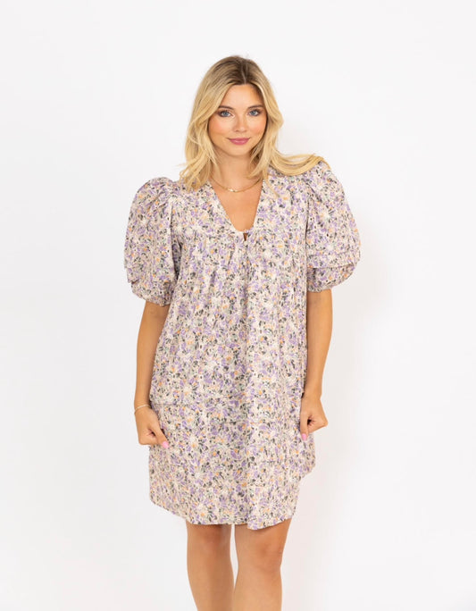 Karlie V-Neck Puff Sleeve Dress in Embroidered Floral