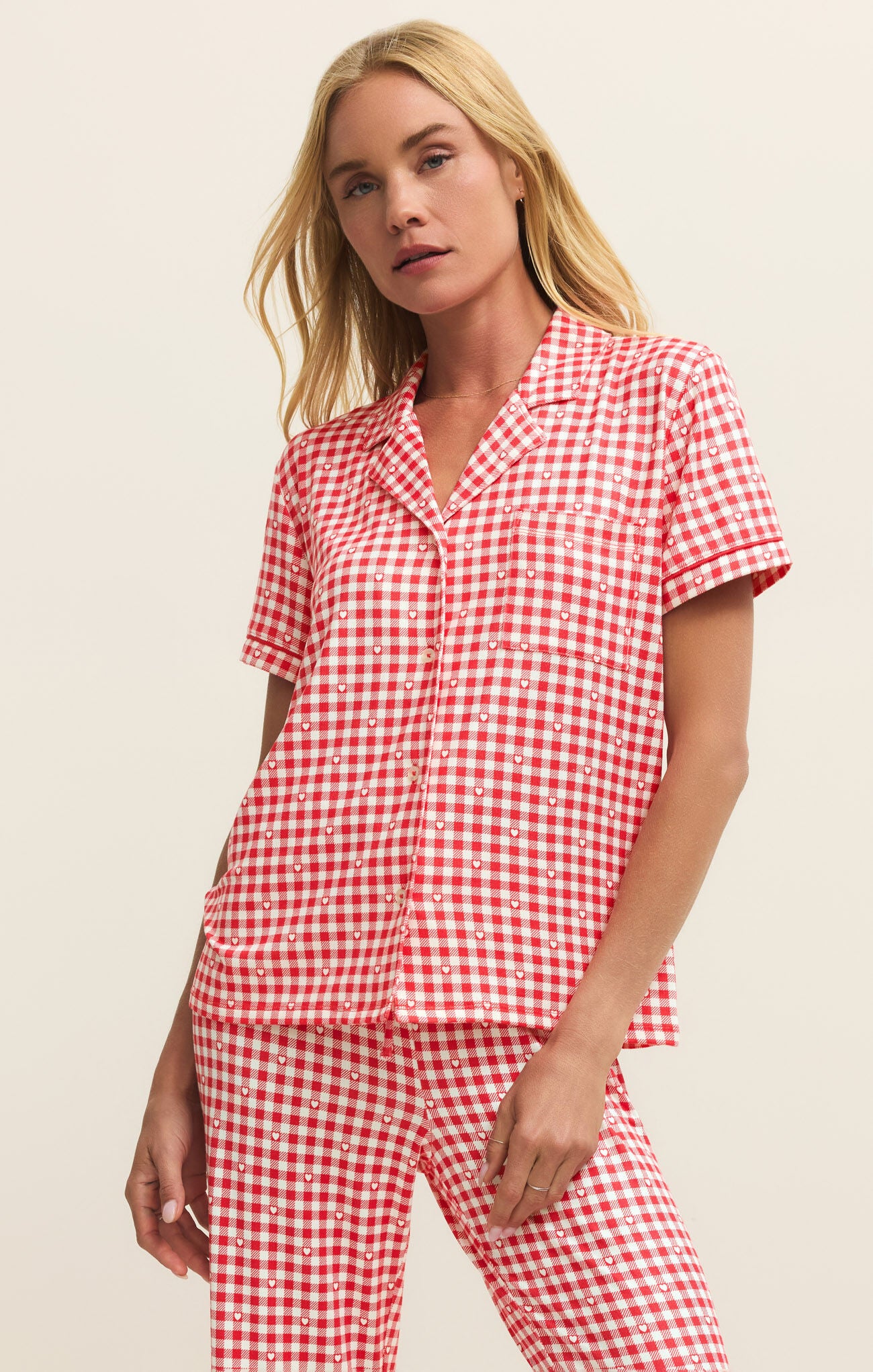 Z Supply Gingham Hearts Pajama Buttondown Top in Kiss Me Red
