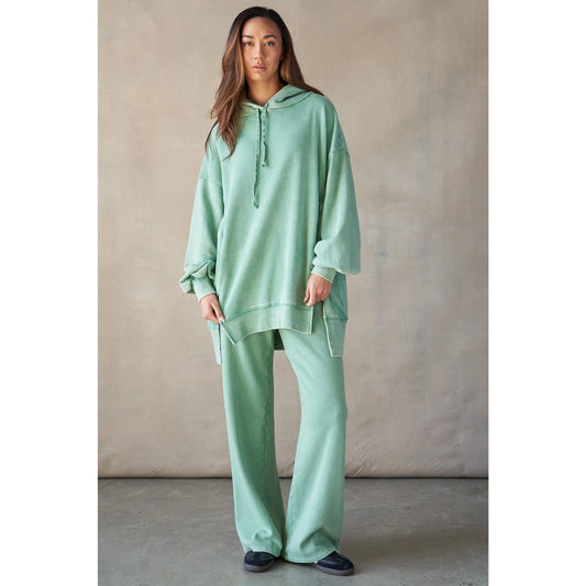 Mineral Washed Oversized Hi-Lo Hoodie in Sage Green
