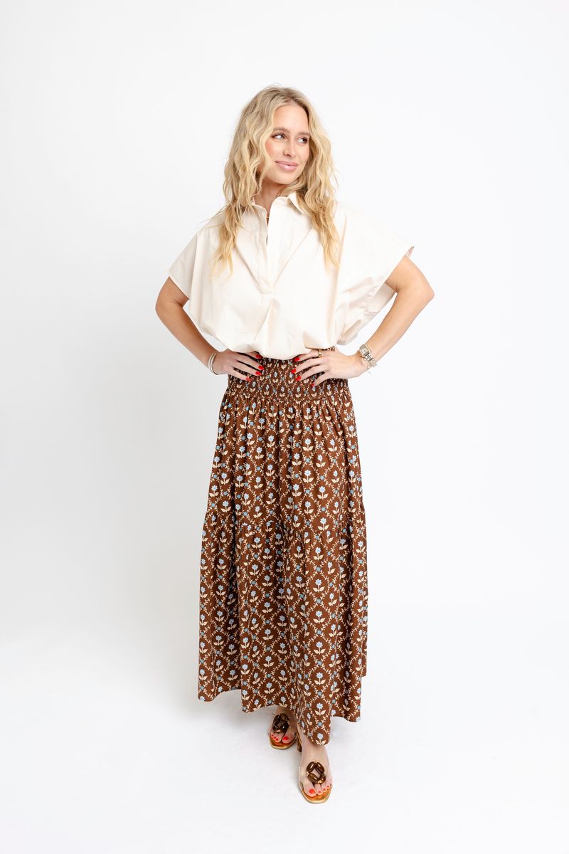 Karlie Smocked Tiered Maxi Skirt in Chocolate